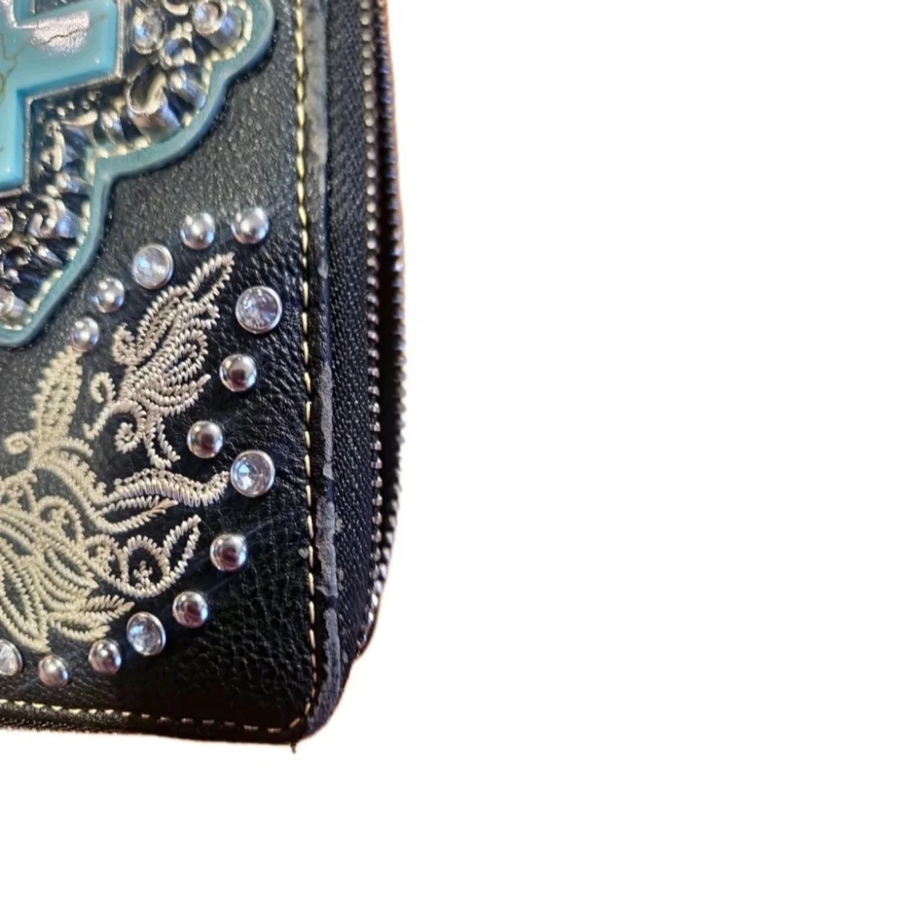 Western Turquoise Cross Studded Wristlet Wallet Black Embroidered Cowgirl Clutch